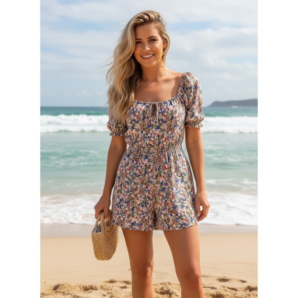 AX Paris Floral Puff Sleeve Romper Womens 10 Multicolor Beach Summer Boho Chic